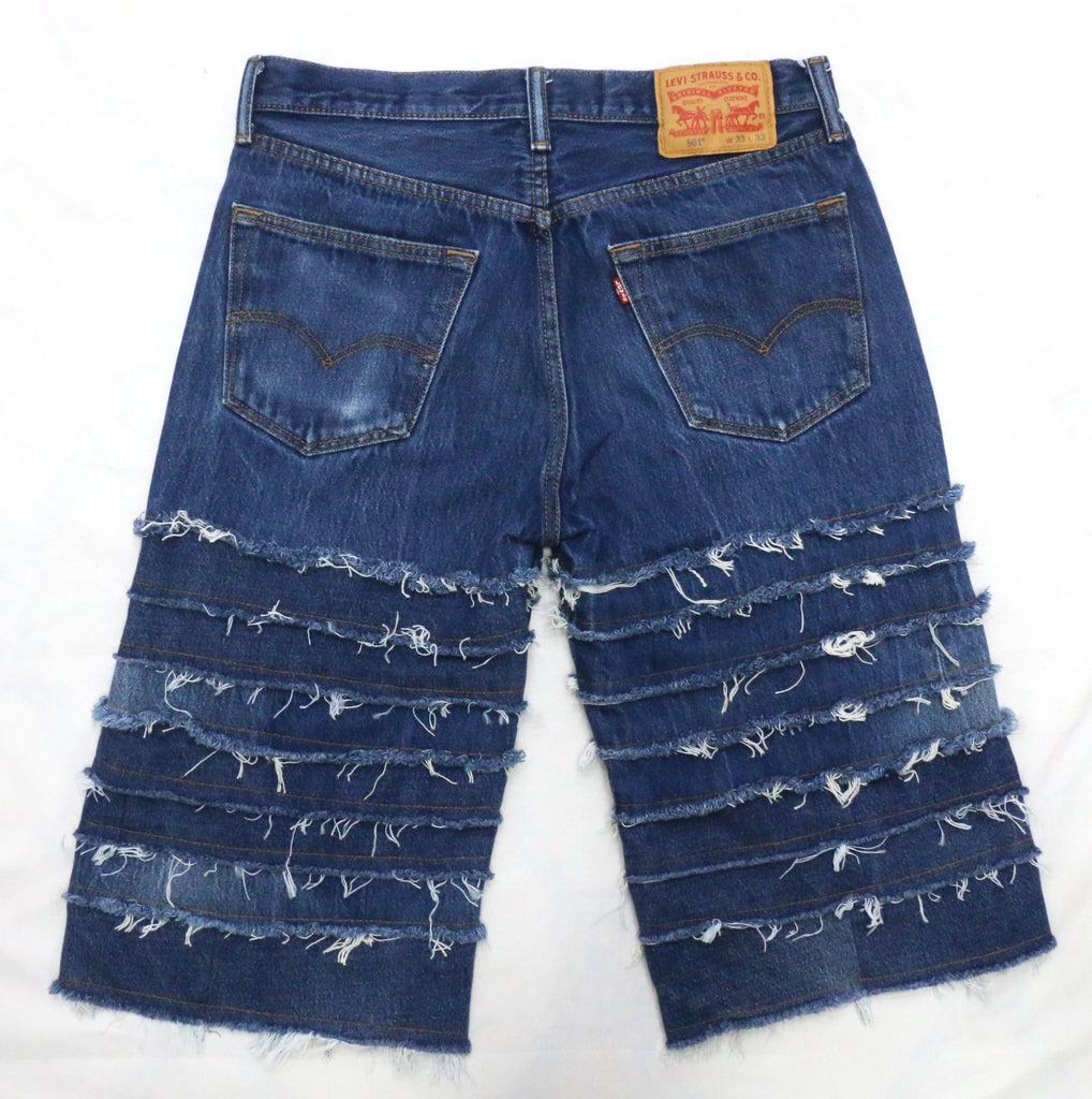 CR2028 UPCYCLED FRAYED PANEL DENIM JORTS