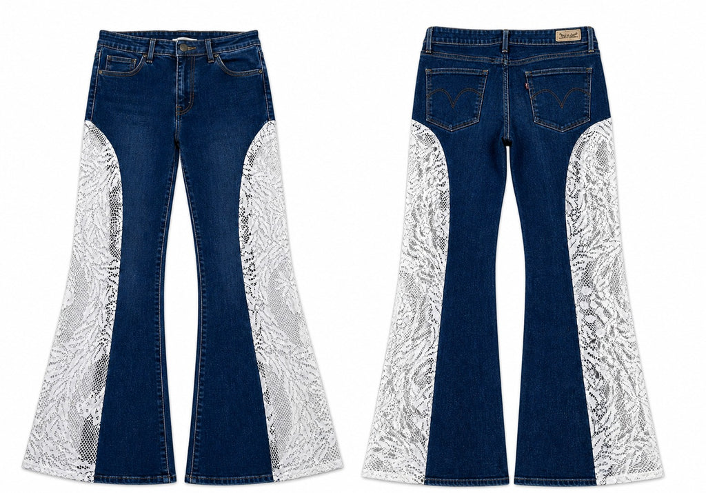 CR1557 Upcycled Lace Panel Flare Jeans