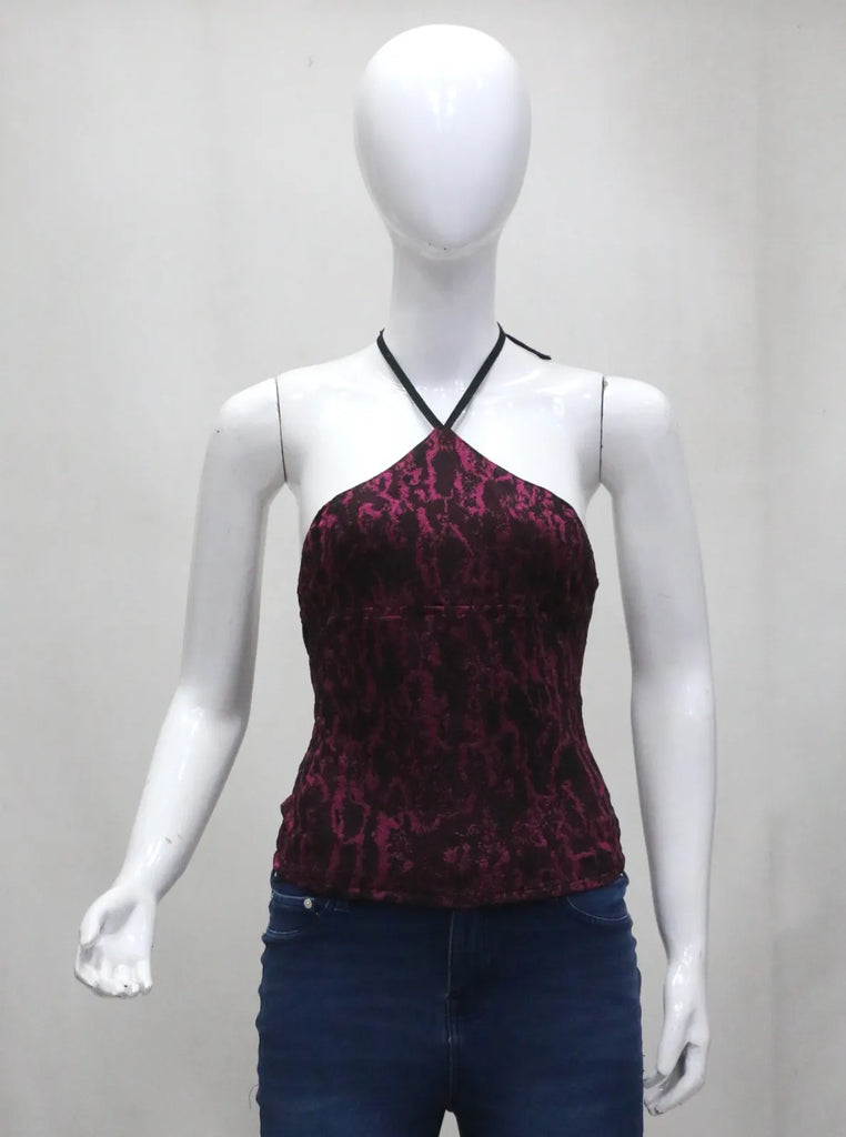 CR13 Upcycled Burgundy Abstract Halter Top – Lace Back Detail
