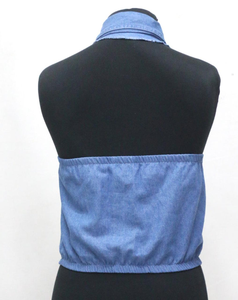 CR1841 UPCYCLED DENIM HALTER TIE TOP