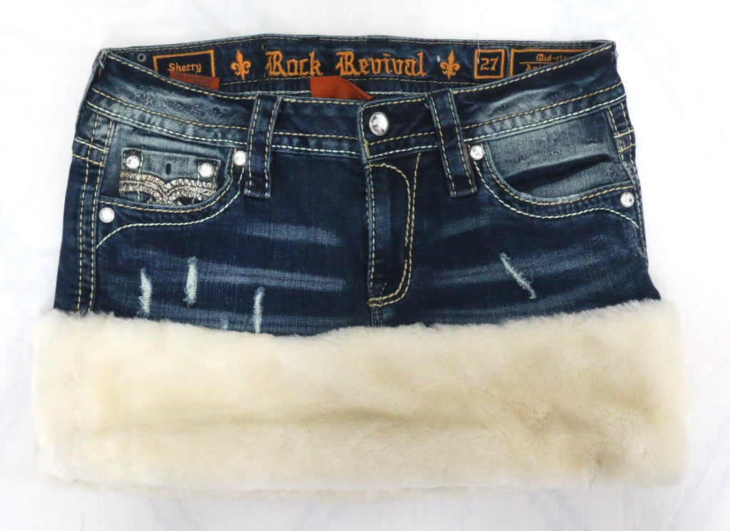 CR1899 UPCYCLED FUR DENIM MINI SKIRT