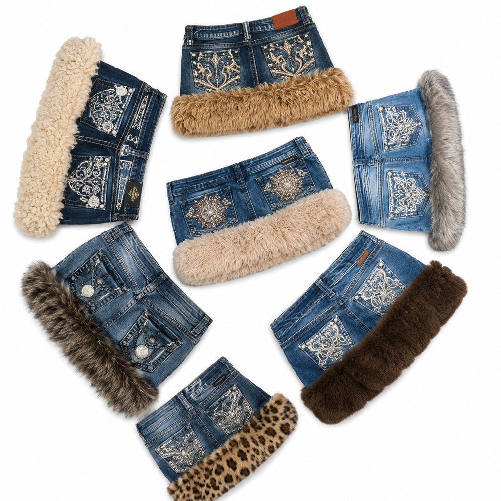 CR1899 UPCYCLED FUR DENIM MINI SKIRT