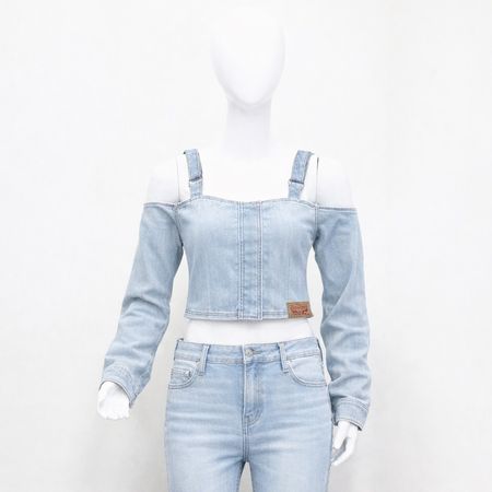 CR2088 Upcycled Denim Strap Crop Top