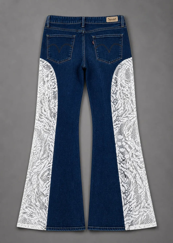 CR1557 Upcycled Lace Panel Flare Jeans