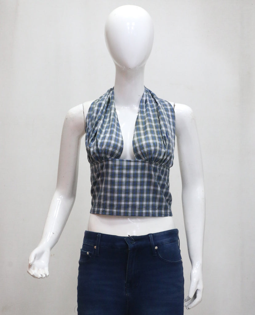 CR1945 UPCYCLED PLAID HALTER CORSET TOP