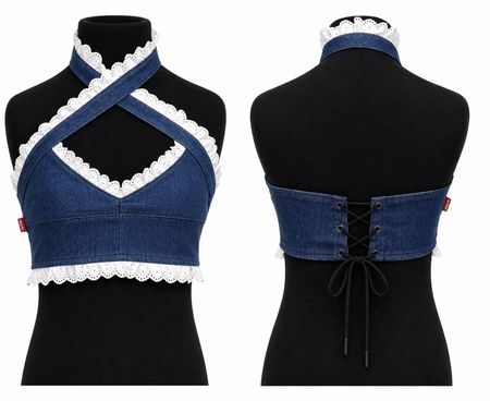CR2099 Upcycled Denim Lace Halter Top