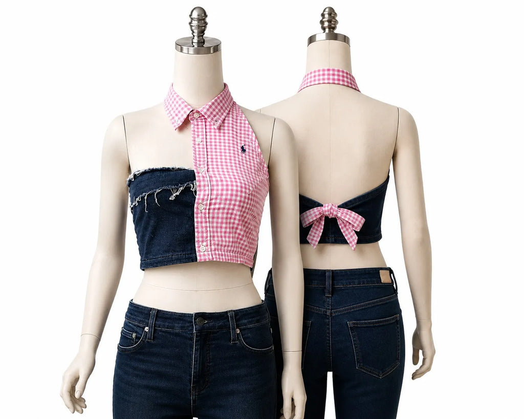 CR1600 Upcycled Denim Gingham Halter Top