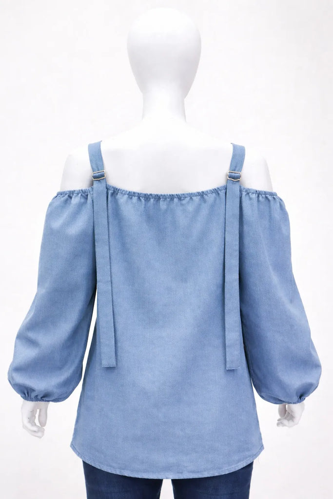 CR1447 Upcycled Off-Shoulder Denim Top