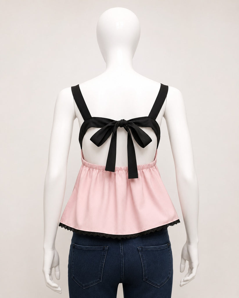 CR1920 UPCYCLED OPEN-BACK TIE PEPLUM TOP