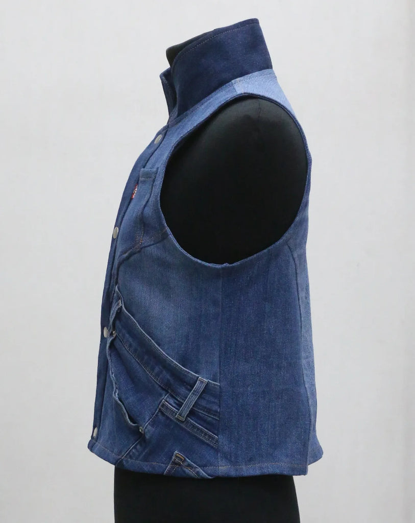 CR1427 Rework Panel Denim Vest – Cropped Utility Style (Light & Dark Wash Mix)