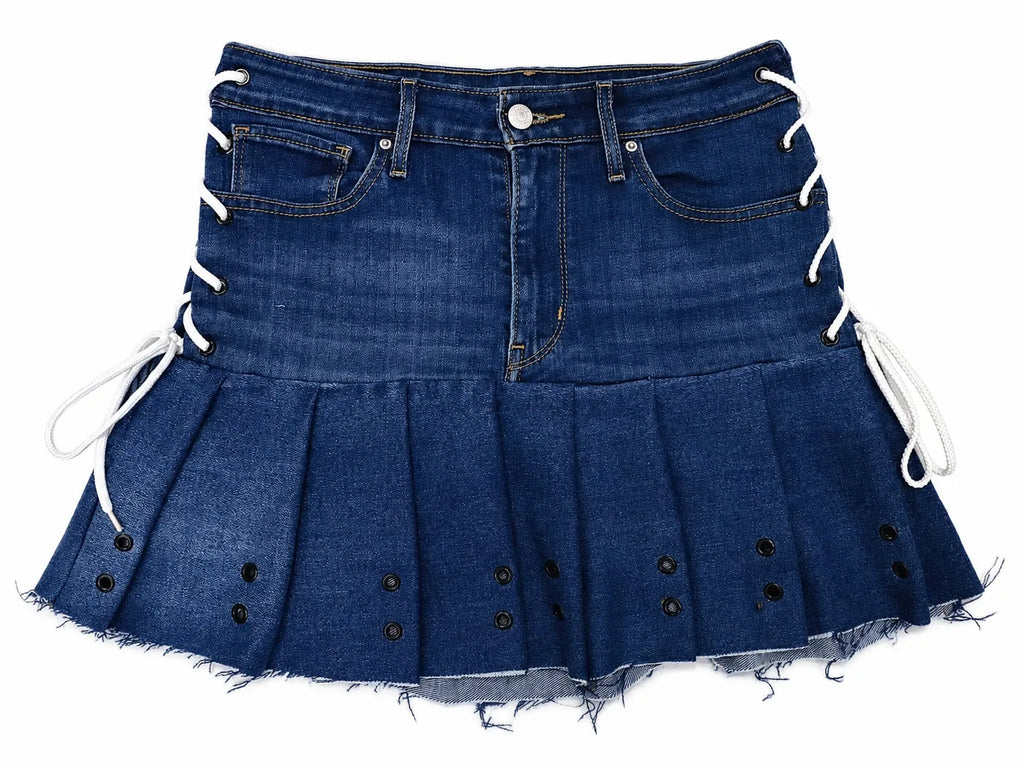 CR1630 UPCYCLED LACE-UP DENIM PLEATED MINI SKIRT