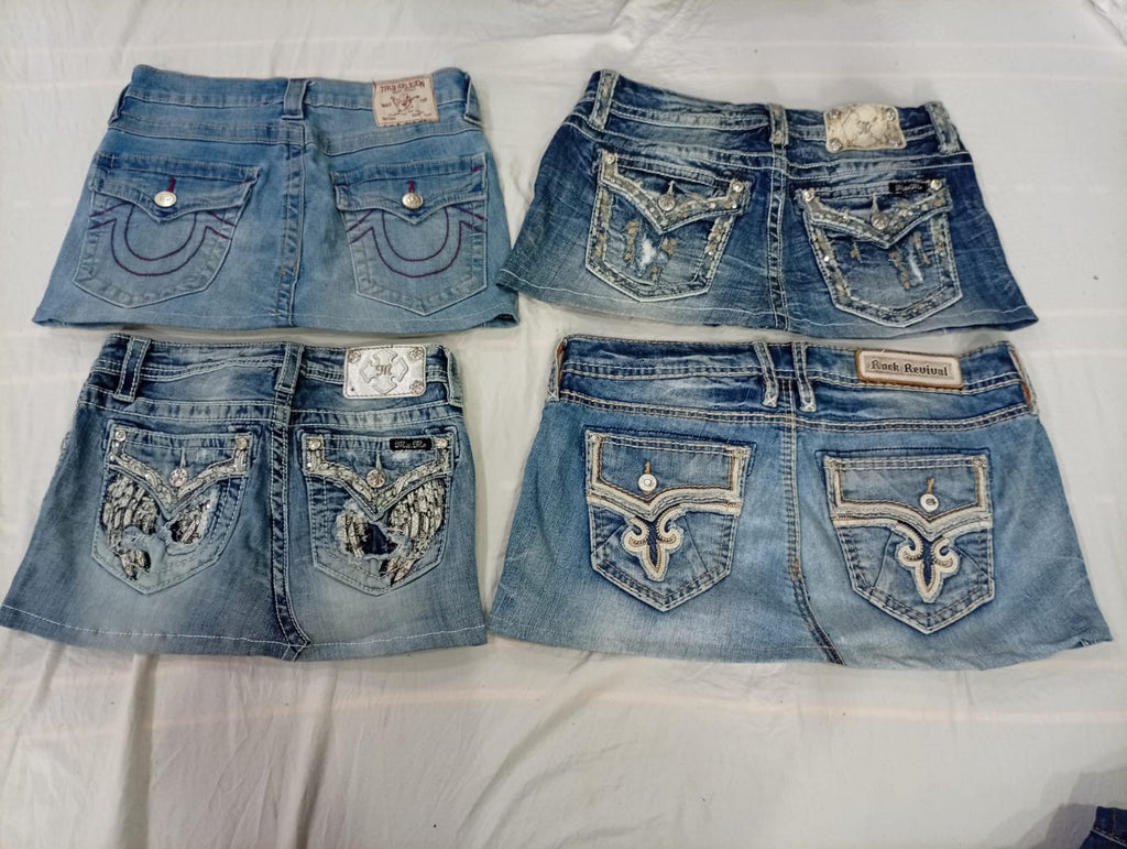 CR10888 Upcycled Mix-Branded Mini Denim Skirts
