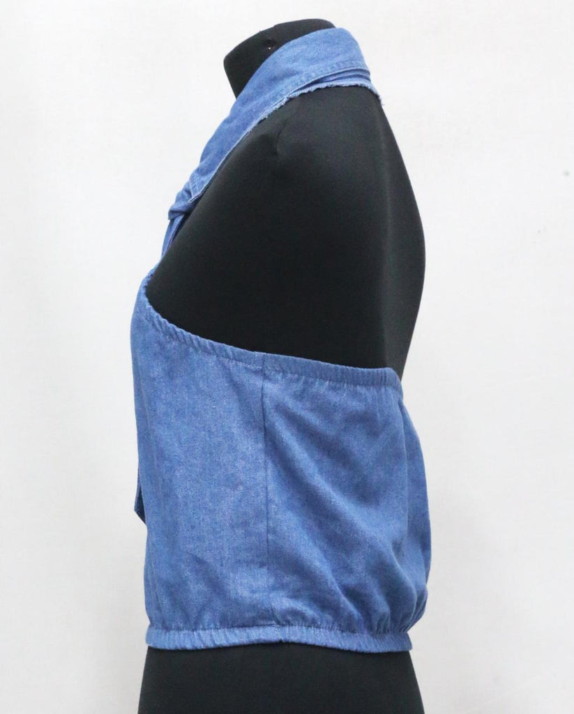 CR1841 UPCYCLED DENIM HALTER TIE TOP
