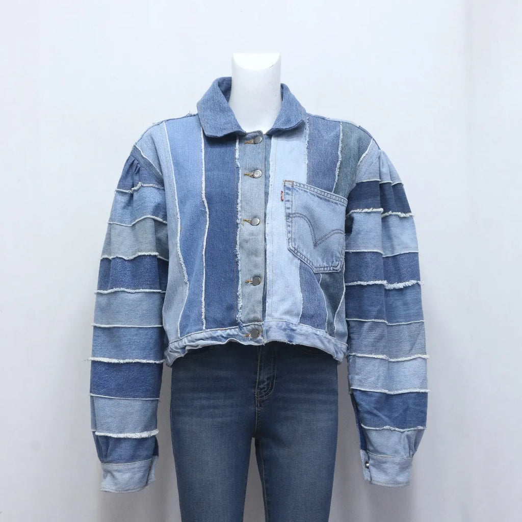 CR704 Upcycled Striped Denim Patchwork Cropped Jacket