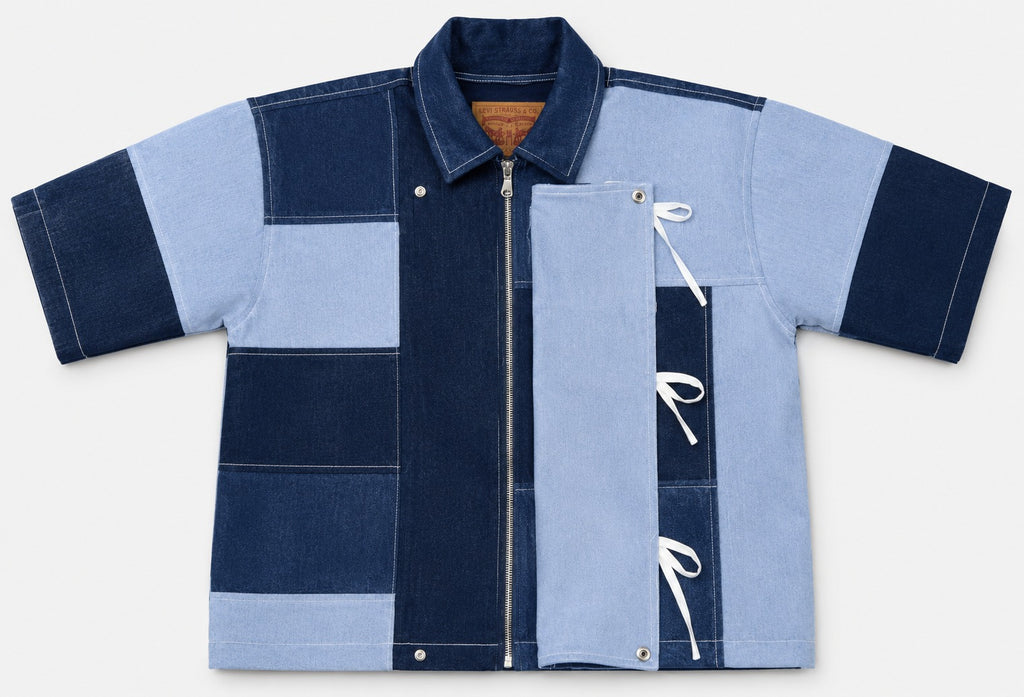 CR1832 UPCYCLED PATCHWORK BOW DENIM SHIRT