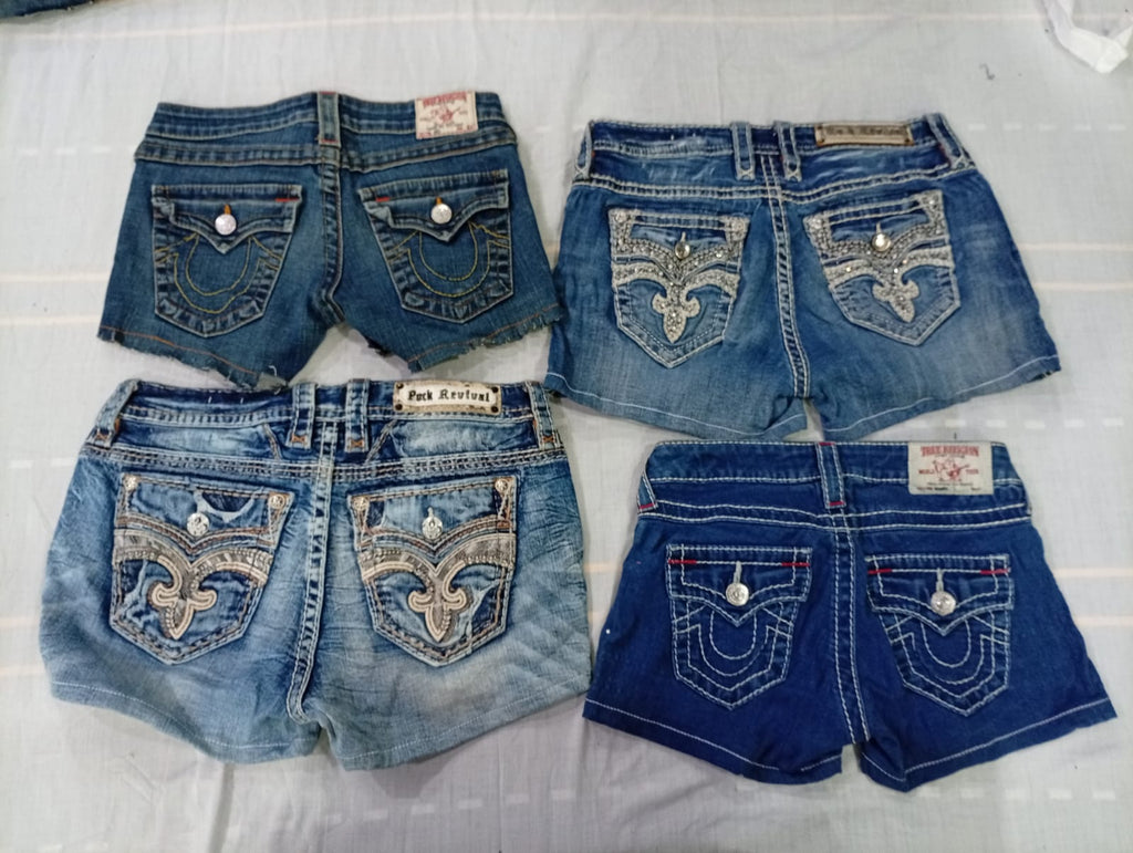 CR10682 Upcycled True Religion and Rock Revival Mini Denim Shorts