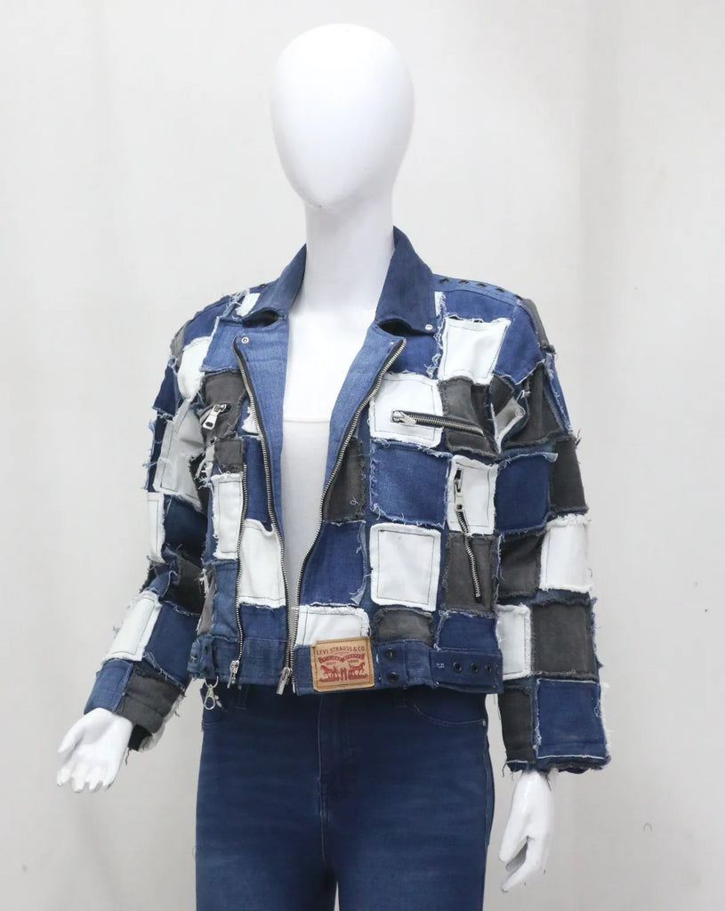 CR 1458 - Rework Patchwork Denim Jacket – Distressed Panel Cropped Style