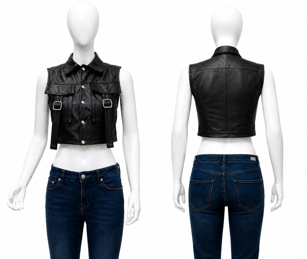 CR1865 UPCYCLED UTILITY CROPPED LEATHER VEST