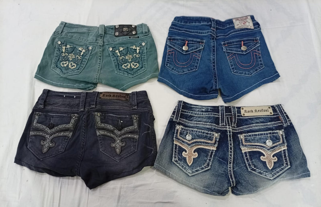 CR9559 Upcycled Mix Branded Mini Denim Shorts