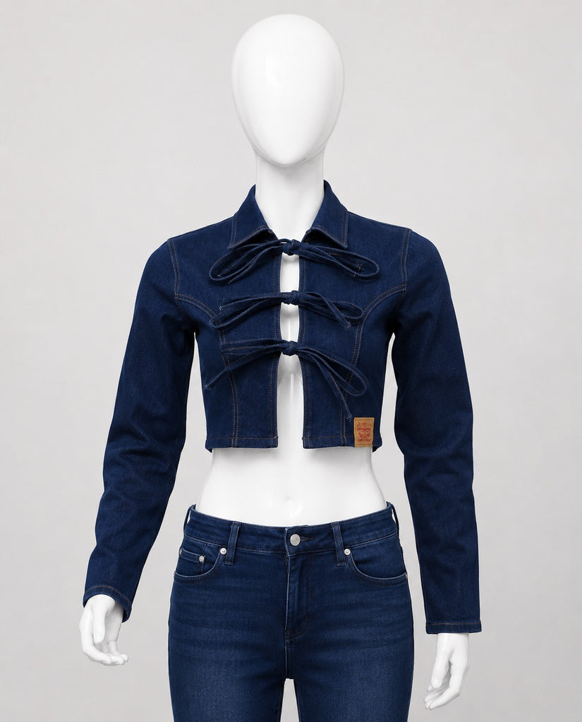 CR1823 UPCYCLED TIE-FRONT DENIM CROP JACKET