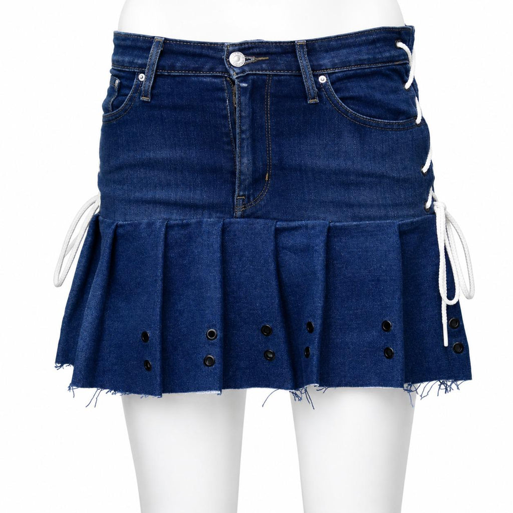 CR1861 UPCYCLED LACE-UP DENIM PLEATED MINI SKIRT