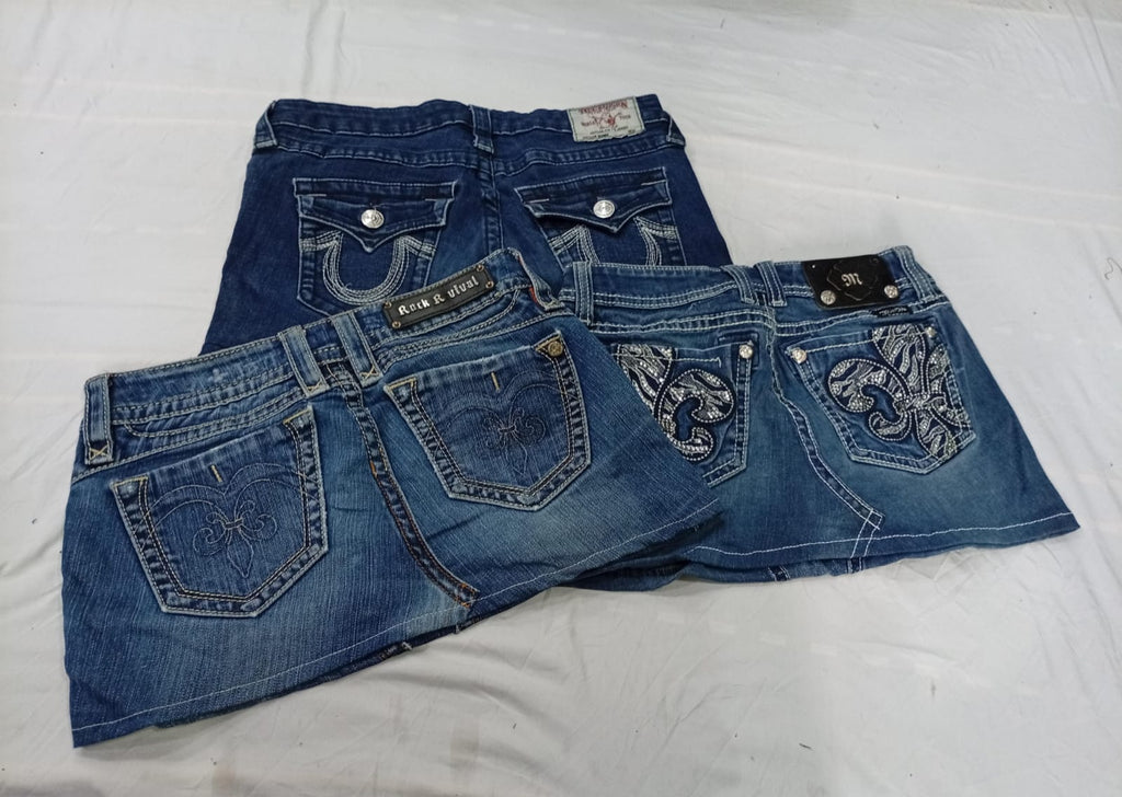 CR11104 Upcycled Mix-Branded Mini Denim Skirts