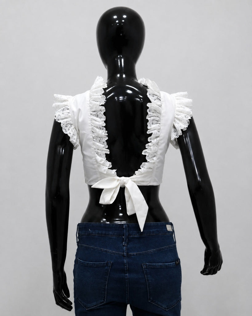 CR2161 UPCYCLED RUFFLE OPEN-BACK TIE CROP TOP