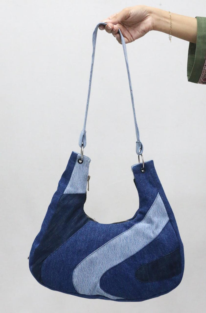 CR1842 UPCYCLED CURVED PANEL DENIM SHOULDER BAG