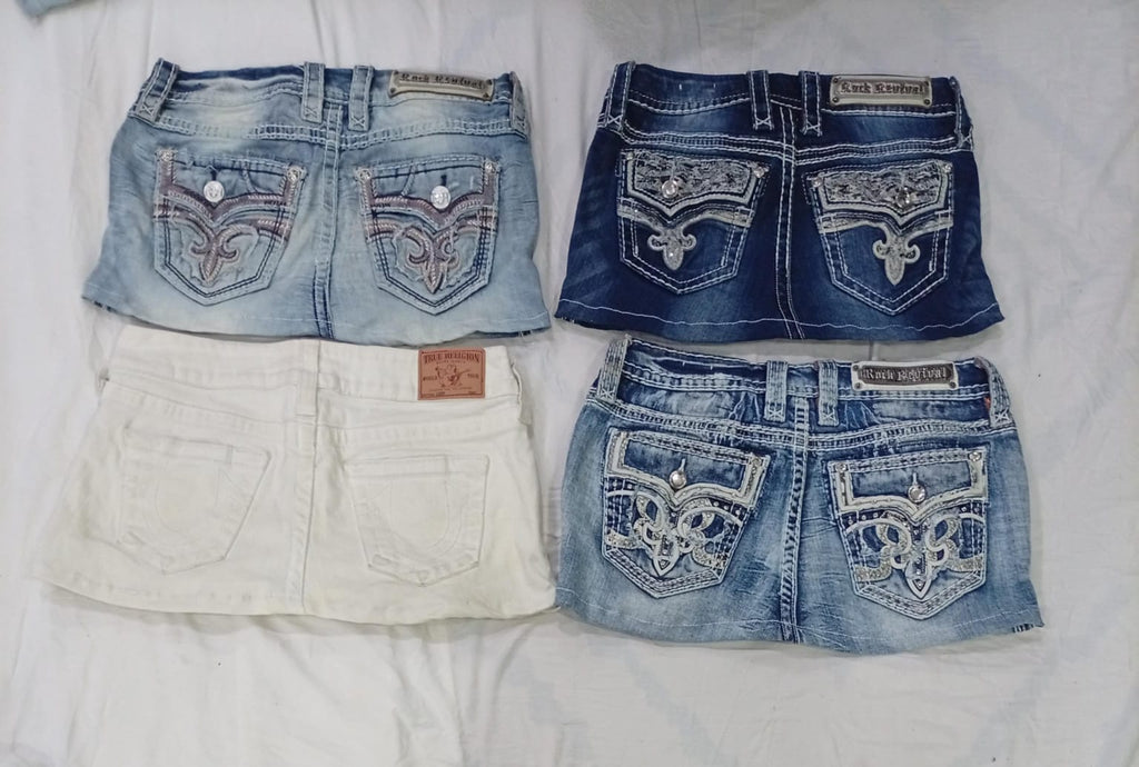 CR9174 UPCYCLED MIX BRANDED MINI DENIM SKIRTS
