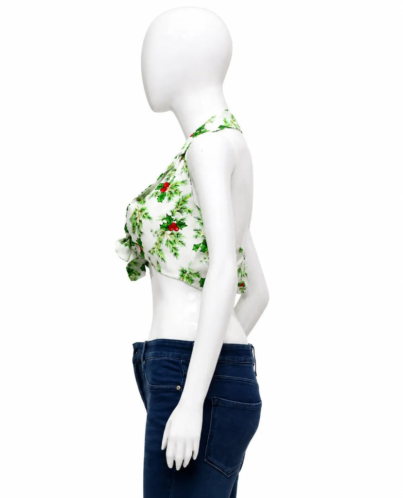 CR1595 Upcycled Tie Front Halter Top