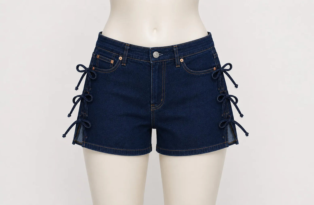 CR1655 UPCYCLED LACE-UP DENIM SHORTS