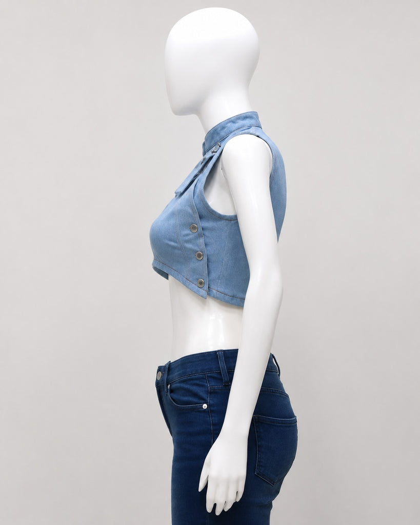 CR1912 UPCYCLED BUCKLE DETAIL DENIM CROP TOP