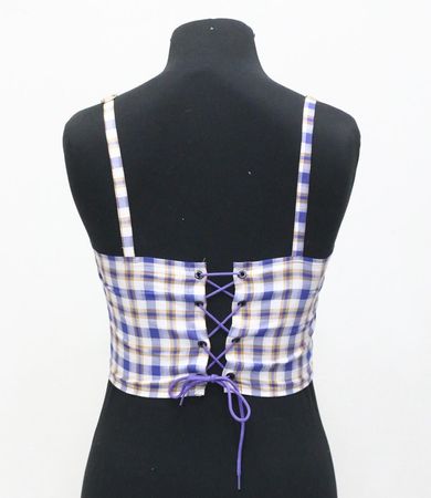 CR2086 Upcycled Denim & Plaid Corset Top