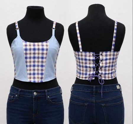 CR2086 Upcycled Denim & Plaid Corset Top