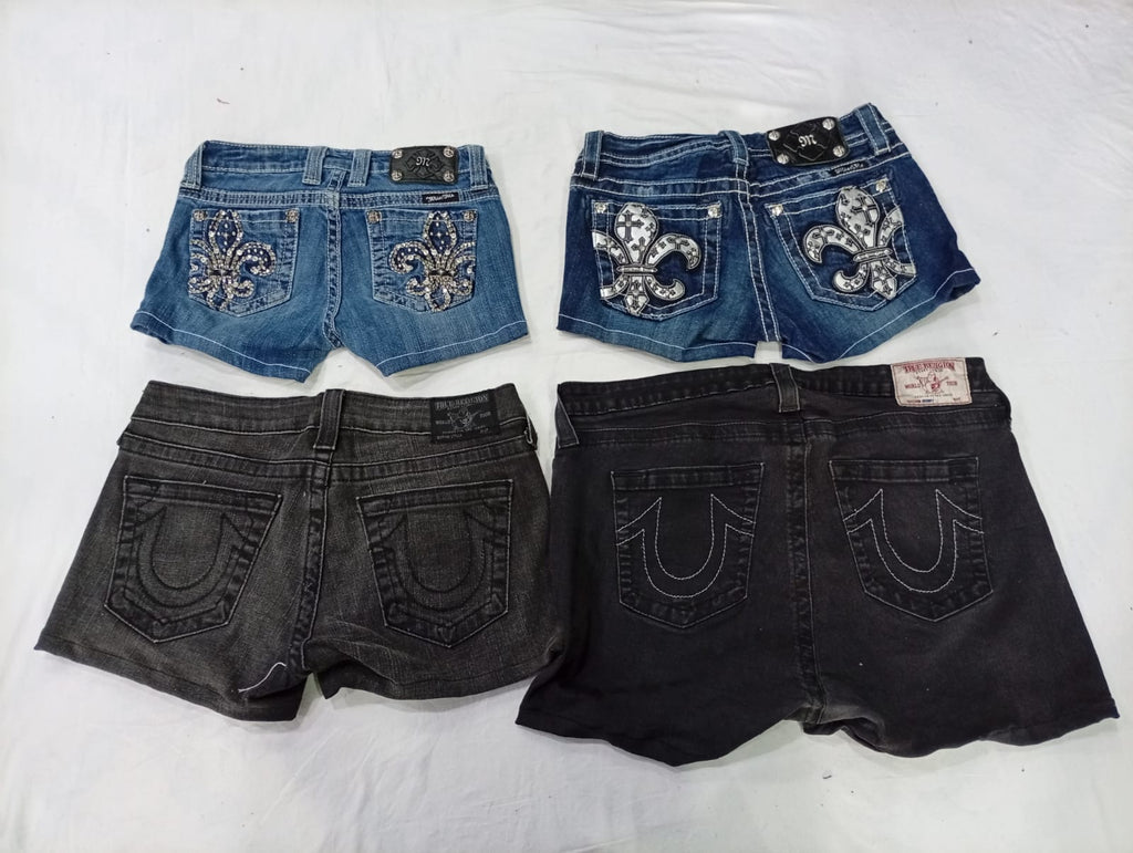 CR10076 Upcycled Mix Branded Mini Denim Shorts
