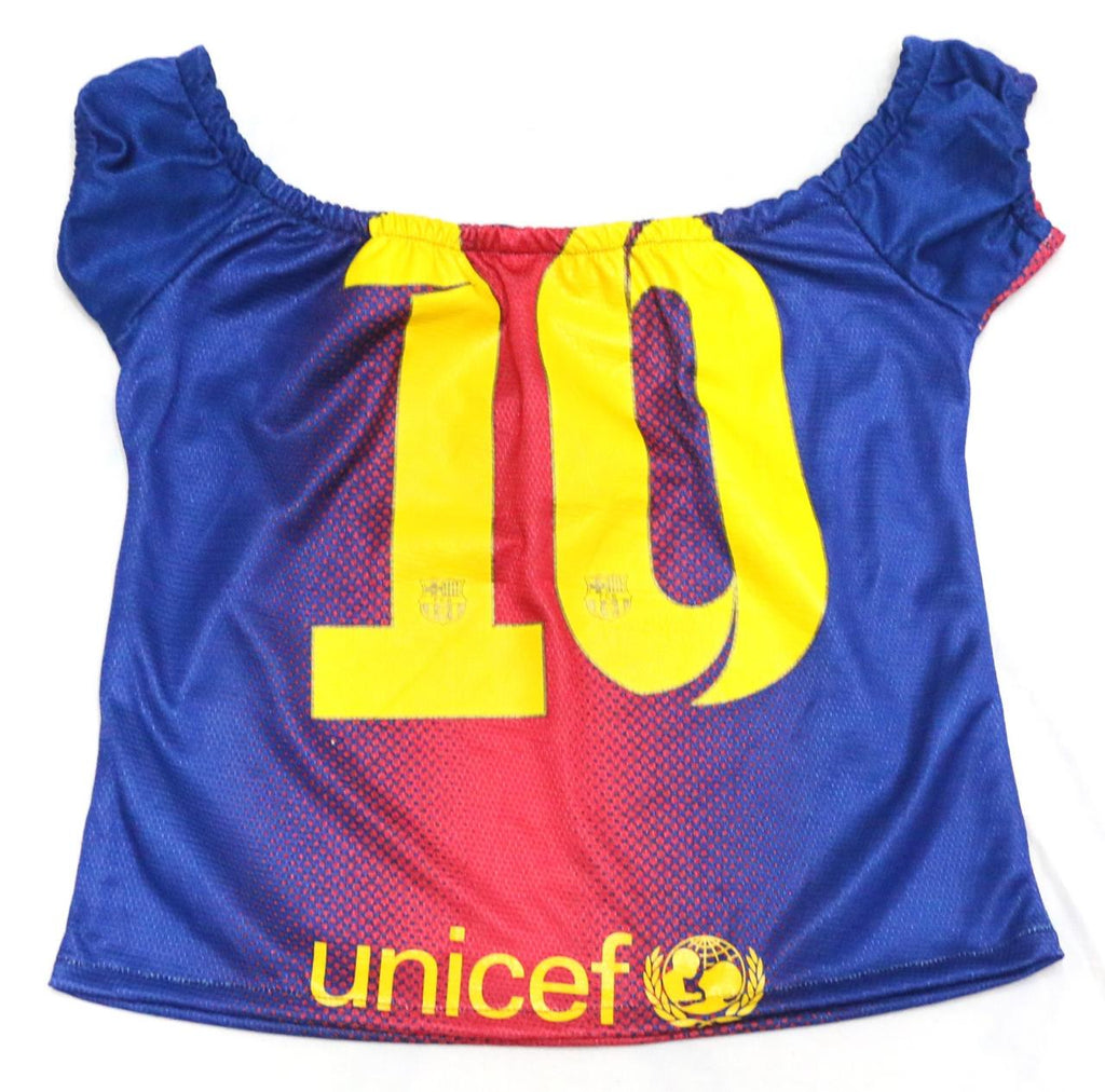 CR1895 UPCYCLED OFF-SHOULDER FOOTBALL JERSEY TOP
