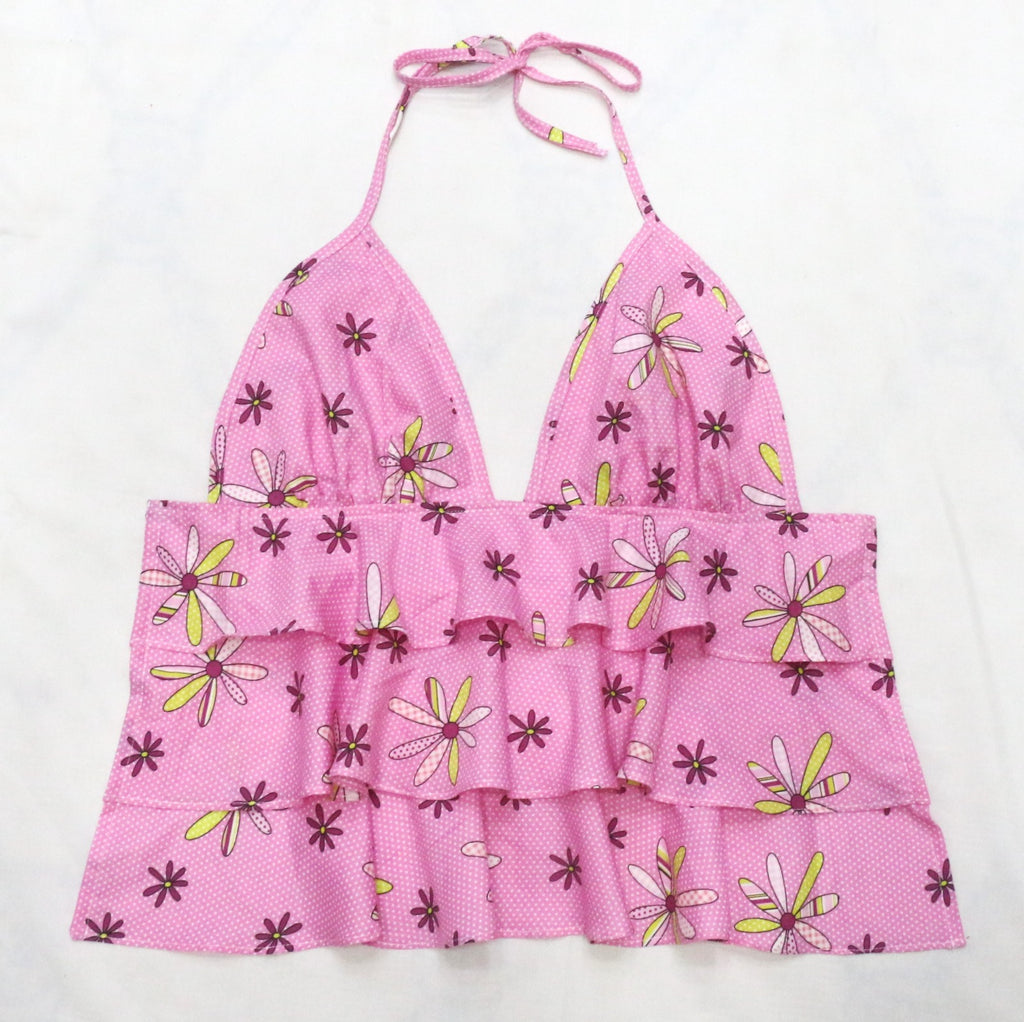 CR1948 UPCYCLED TIERED RUFFLE HALTER TOP