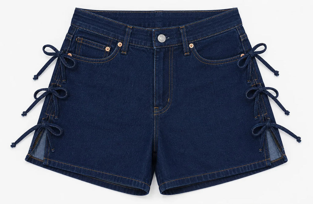 CR1655 UPCYCLED LACE-UP DENIM SHORTS