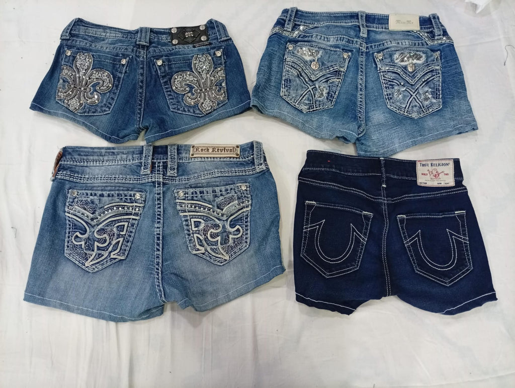 CR9553 Upcycled Mix Branded Mini Denim Shorts