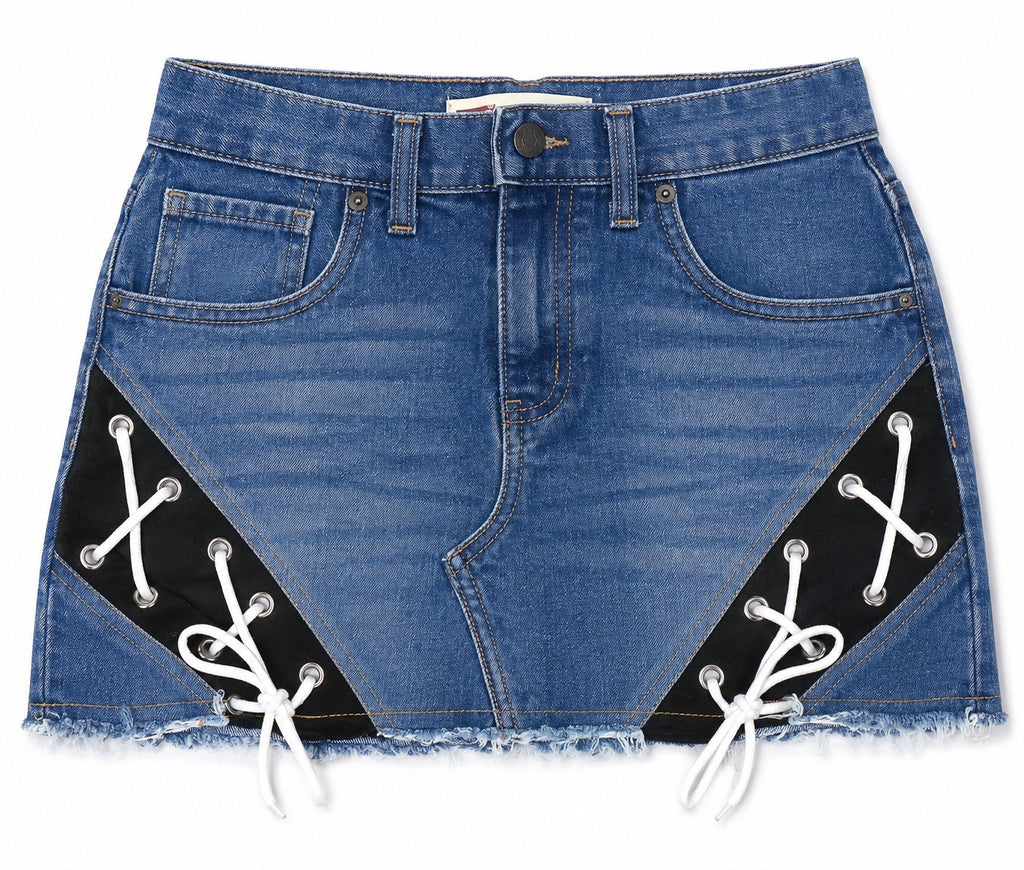 CR2067 UPCYCLED LACE-UP PANEL DENIM MINI SKIRT