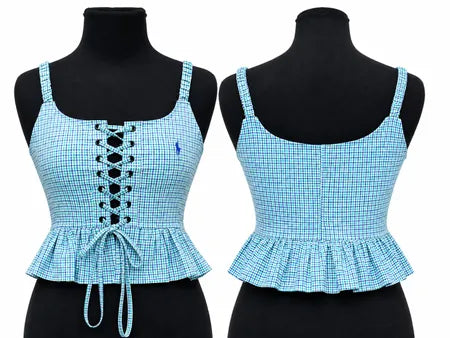 CR1915 UPCYCLED LACE-UP PEPLUM CAMI TOP