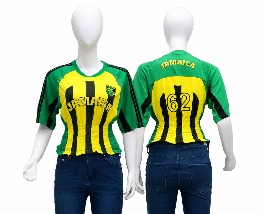 CR2153 UPCYCLED JAMAICA FOOTBALL SHIRRED JERSEY TOP