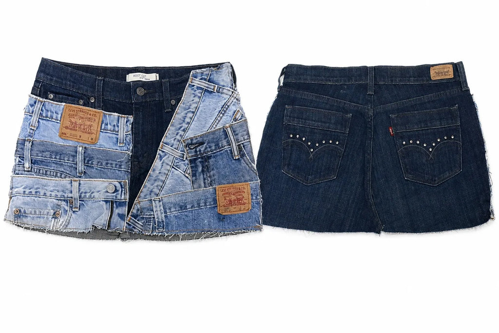 CR1677 UPCYCLED PATCHWORK DENIM MINI SKIRT