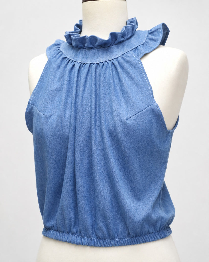 CR2035 UPCYCLED RUFFLE NECK SLEEVELESS BLOUSE