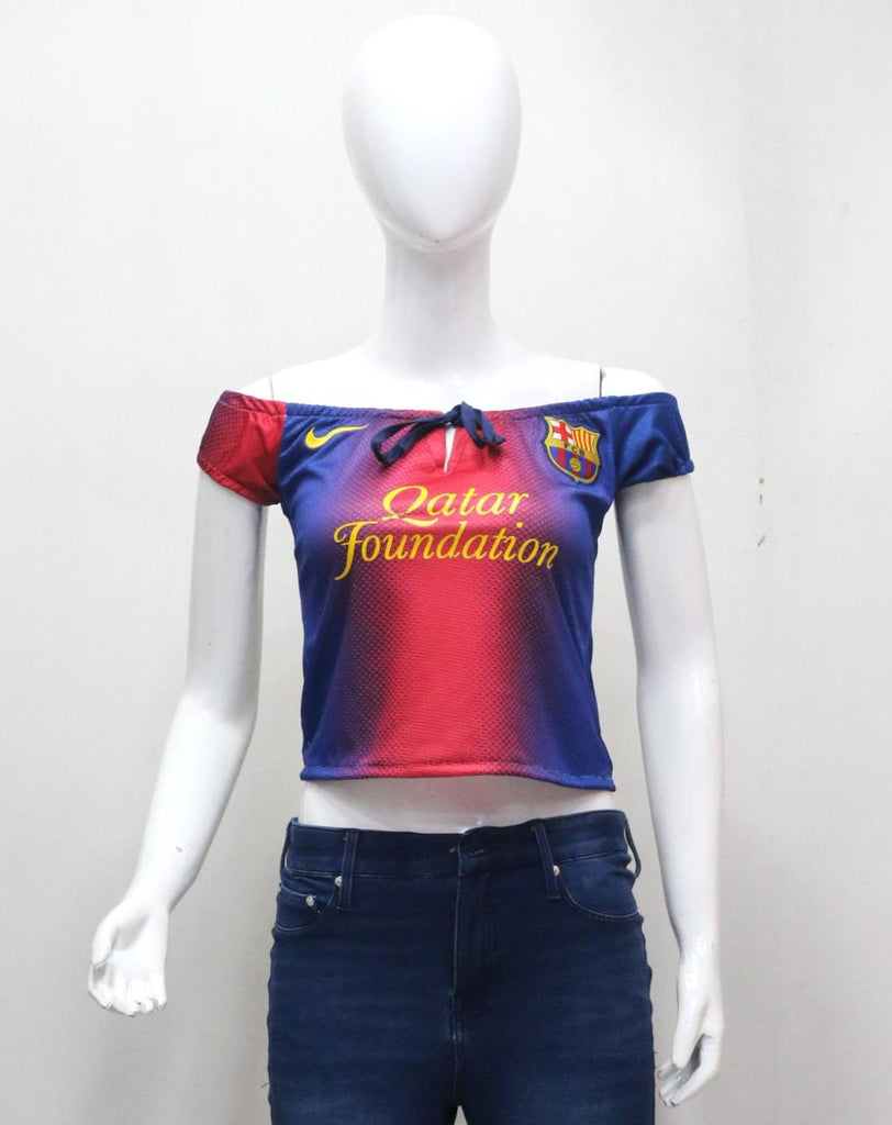 CR1895 UPCYCLED OFF-SHOULDER FOOTBALL JERSEY TOP