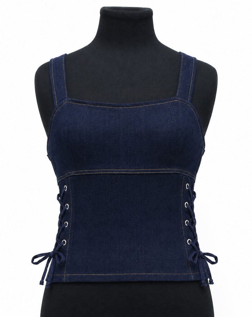 CR2070 UPCYCLED CORSET LACE-UP DENIM CAMISOLE TOP