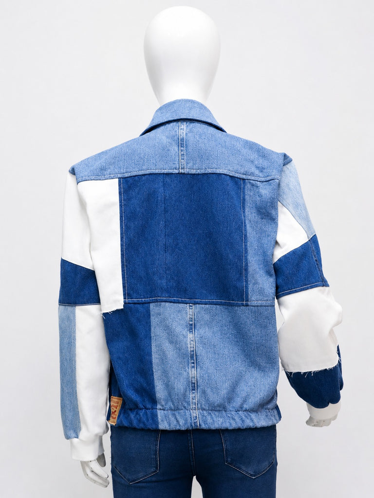 CR2154 UPCYCLED PATCHWORK DENIM HALF-ZIP JACKET