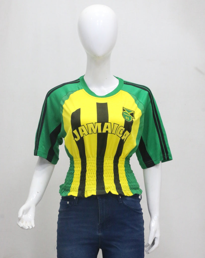 CR2153 UPCYCLED JAMAICA FOOTBALL SHIRRED JERSEY TOP