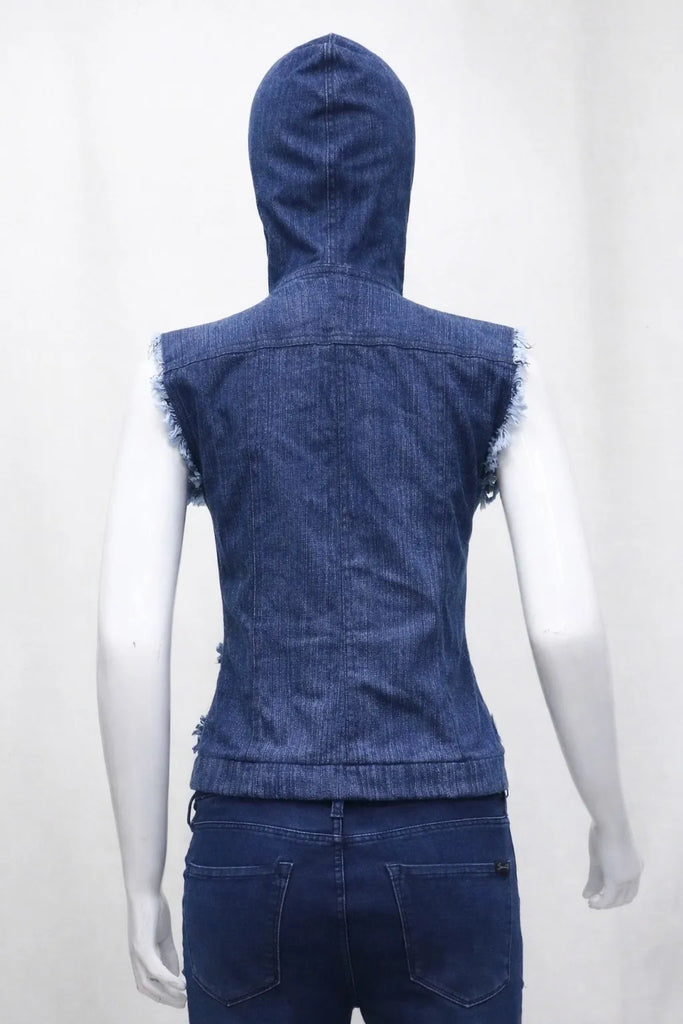 CR1374 Rework Denim Hooded Vest – Frayed Panel Zip-Up (Vintage Wash Mix)