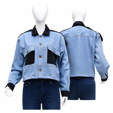 CR1881 UPCYCLED CONTRAST PANEL DENIM JACKET